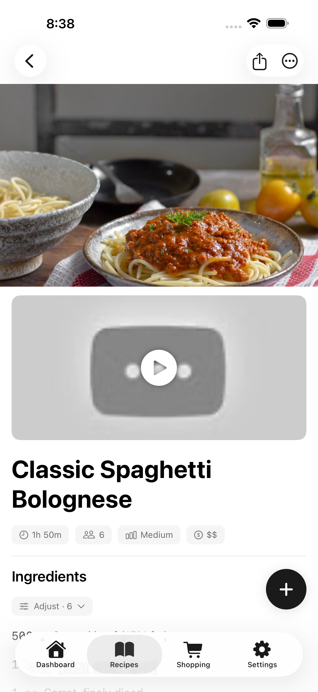Yumly AI recipe detail with the share button that sends a recipe as plain text or a Yumly file