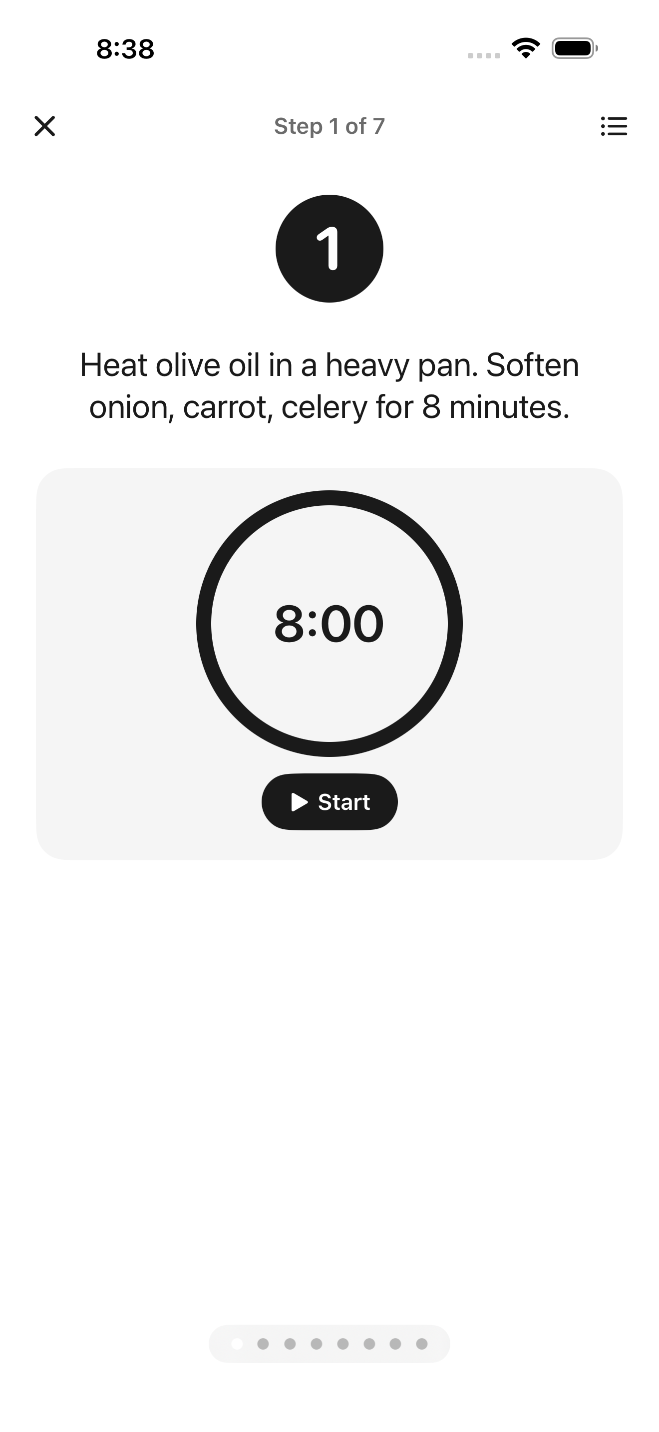 Yumly AI Cooking Mode showing a full-screen recipe step with a countdown timer and scaled ingredients