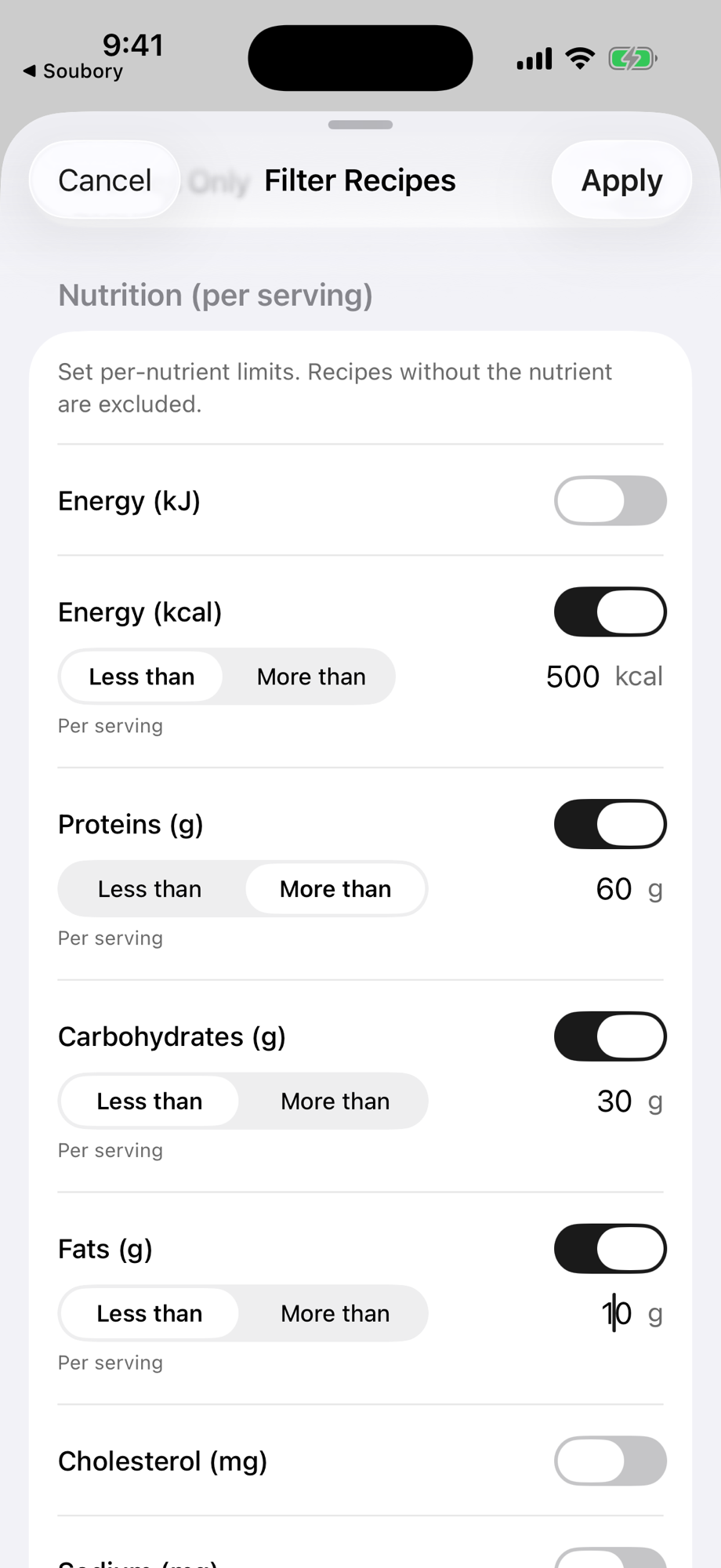 Yumly AI Filter Recipes screen showing per-serving nutrition limits: under 500 kcal, more than 60 g protein, less than 30 g carbohydrates and less than 10 g fats